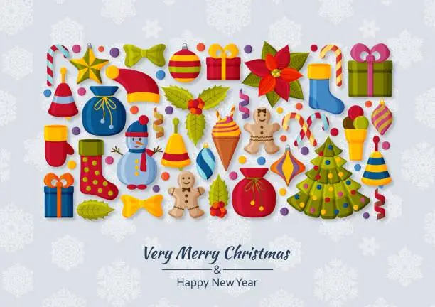 Vector illustration of Christmas background with 3d paper cut signs. Cute kids toys and accessories. Snowfall at the back. New Year greeting card or banner concept.  Vector illustration.