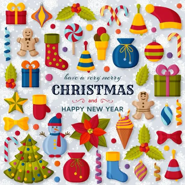 Vector illustration of Christmas background with 3d paper cut signs. Cute kids toys and accessories. Snowfall at the back. New Year greeting card or banner concept.  Vector illustration.