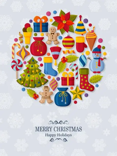 Vector illustration of Christmas background with 3d paper cut signs. Cute kids toys and accessories. Snowfall at the back. New Year greeting card or banner concept.  Vector illustration.