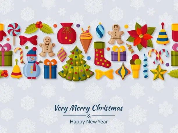 Vector illustration of Christmas background with 3d paper cut signs. Cute kids toys and accessories. Snowfall at the back. New Year greeting card or banner concept.  Vector illustration.