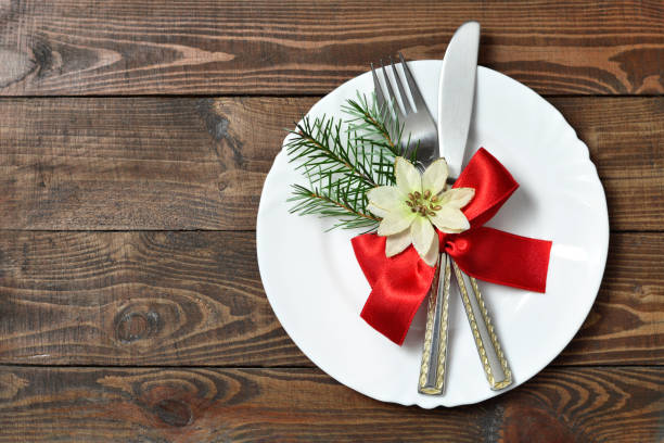 istock Christmas table setting. Christmas plate and cutlery 1080960098