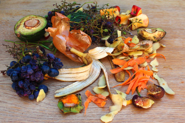テーブルの上のゴミ袋の果物と野菜からの合成物のため廃棄。 - rotting banana vegetable fruit ストックフォトと画像