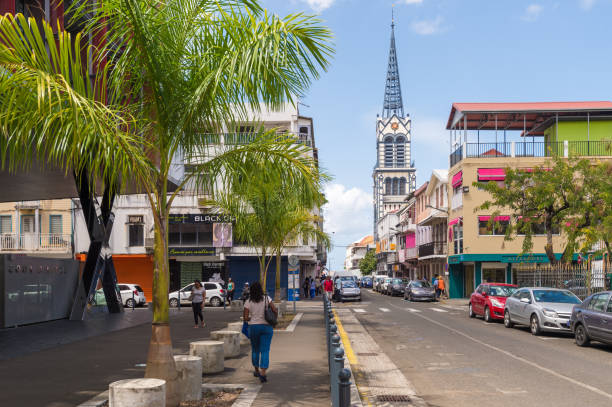 Victor Schoelcher Street and Cathedrale Saint Louis in Fort-de-France, Martinique, West Indies stock photo