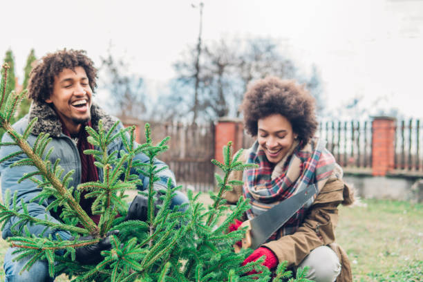istock Young couple smiling and sawing a Christmas tree 1080974586
