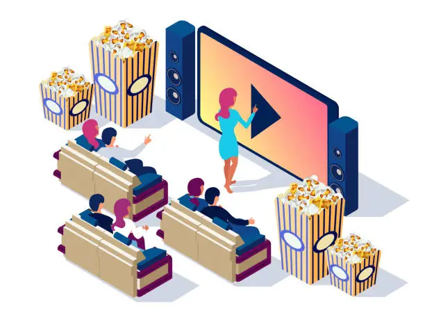 Vector illustration of Illustration for watch movie at home. Movie theater online. Isometric flat vector on white background