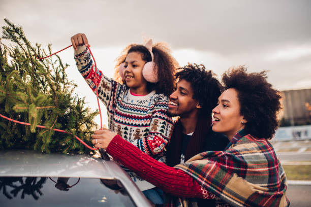 istock Girl putting Christmas tree on a car 1080983528
