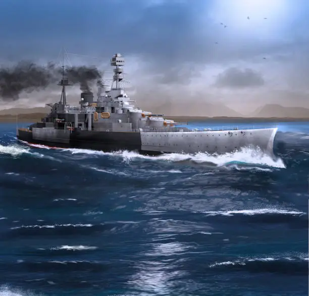 Battleship HMS Repulse steaming through a stormy ocean, 3d render