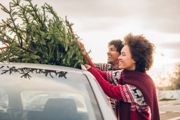 istock Smiling couple tying Christmas tree to a car 1080986248