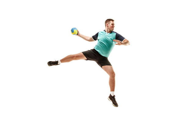 istock The one caucasian young man as handball player at studio on white background 1080986328
