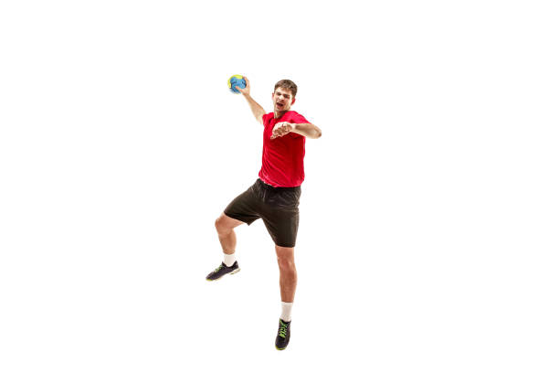 istock The one caucasian young man as handball player at studio on white background 1080986336