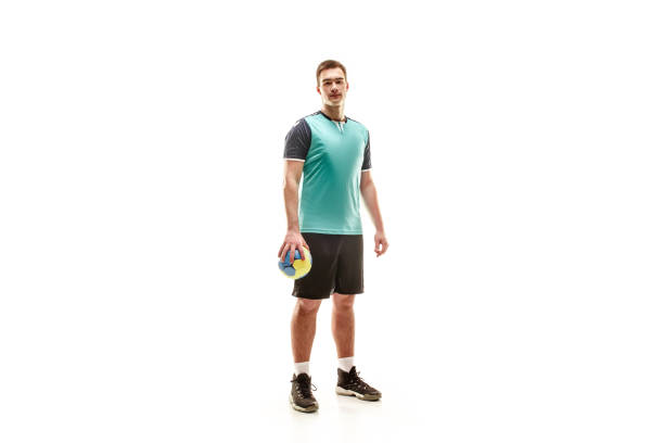 istock The one caucasian young man as handball player at studio on white background 1080986338
