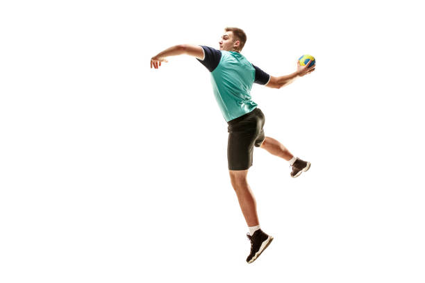 istock The one caucasian young man as handball player at studio on white background 1080986360