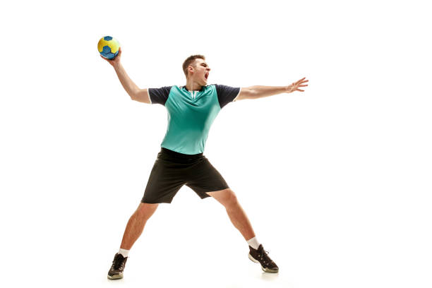 istock The one caucasian young man as handball player at studio on white background 1080986406