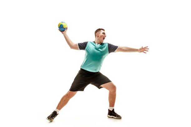 istock The one caucasian young man as handball player at studio on white background 1080986412