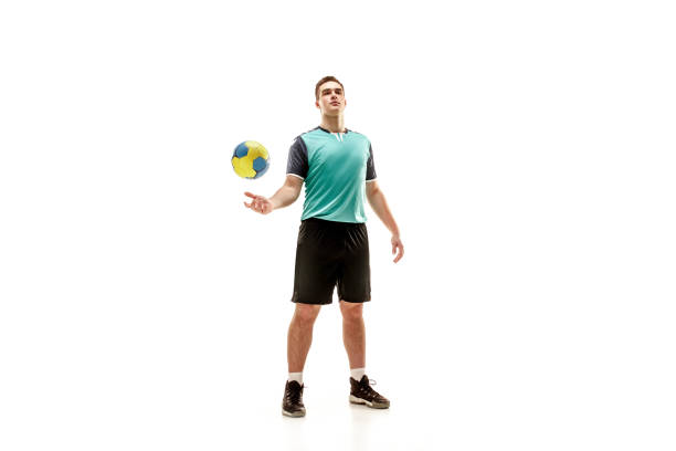 istock The one caucasian young man as handball player at studio on white background 1080986414