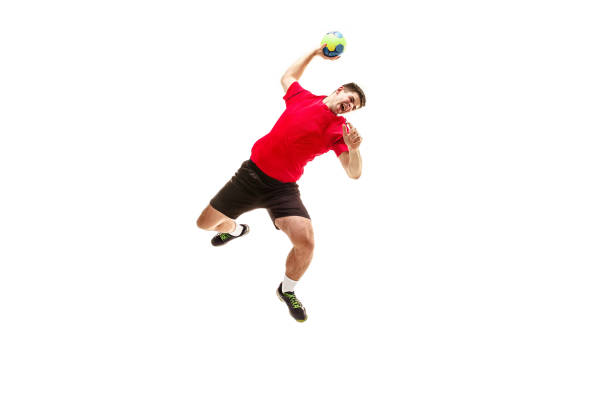 istock The one caucasian young man as handball player at studio on white background 1080986450