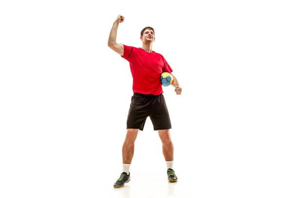 istock The one caucasian young man as handball player at studio on white background 1080986456