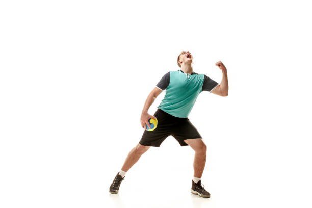 istock The one caucasian young man as handball player at studio on white background 1080986476