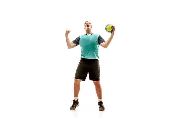 istock The one caucasian young man as handball player at studio on white background 1080986516