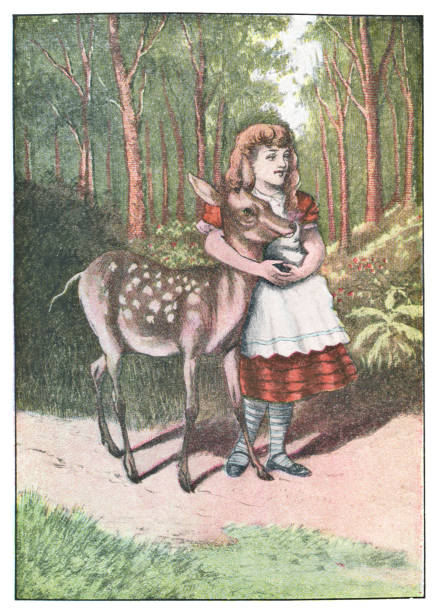 Alice and the fawn in the Wood Where Things Have No Names from Through the Looking-Glass, and What Alice Found There. Antique etching circa late 19th century.