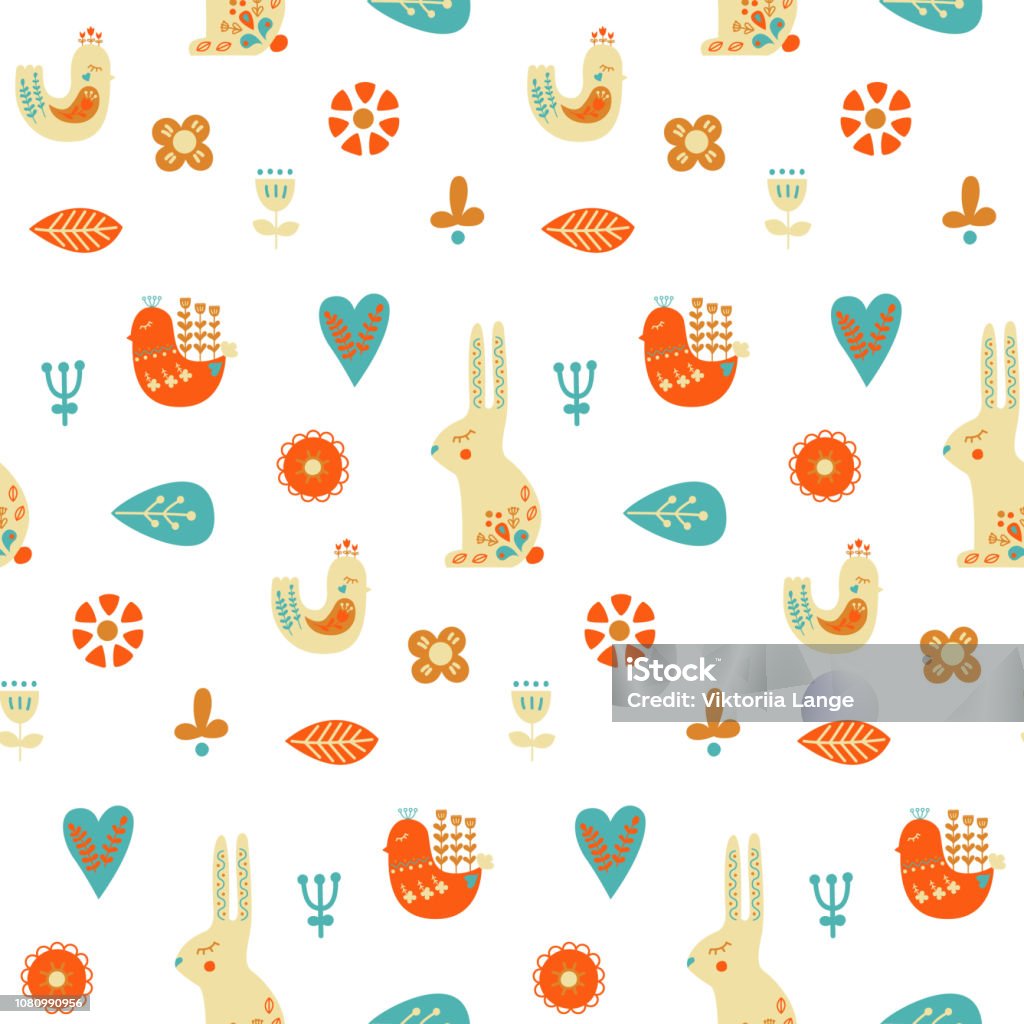 Folk art seamless pattern with rabbit, bird and decorative elements. Vector illustration. Abstract stock vector