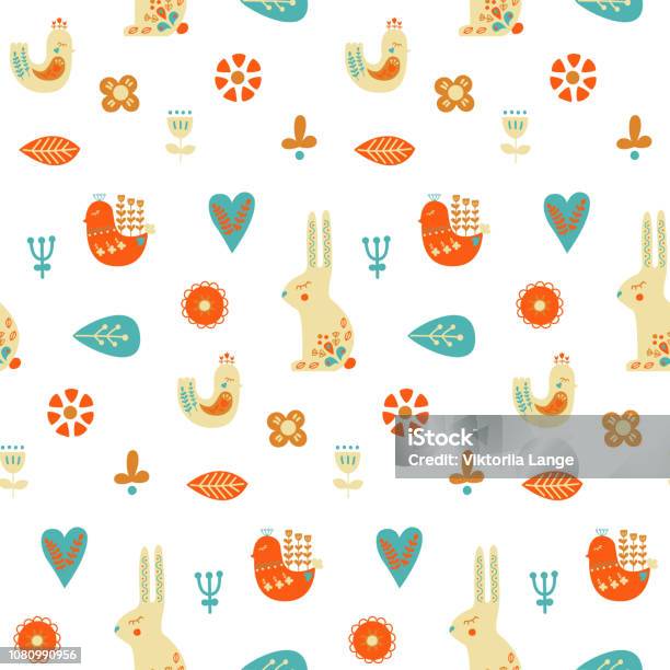 Folk Art Seamless Pattern With Rabbit Bird And Decorative Elements Vector Illustration Stock Illustration - Download Image Now