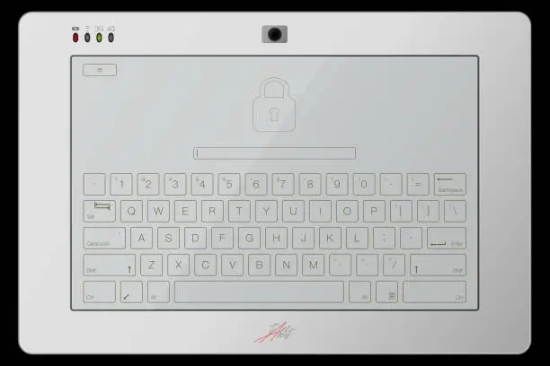 Vector illustration of Vector Tablet Computer with Touchscreen Keyboard. Top View. Light Colors Version