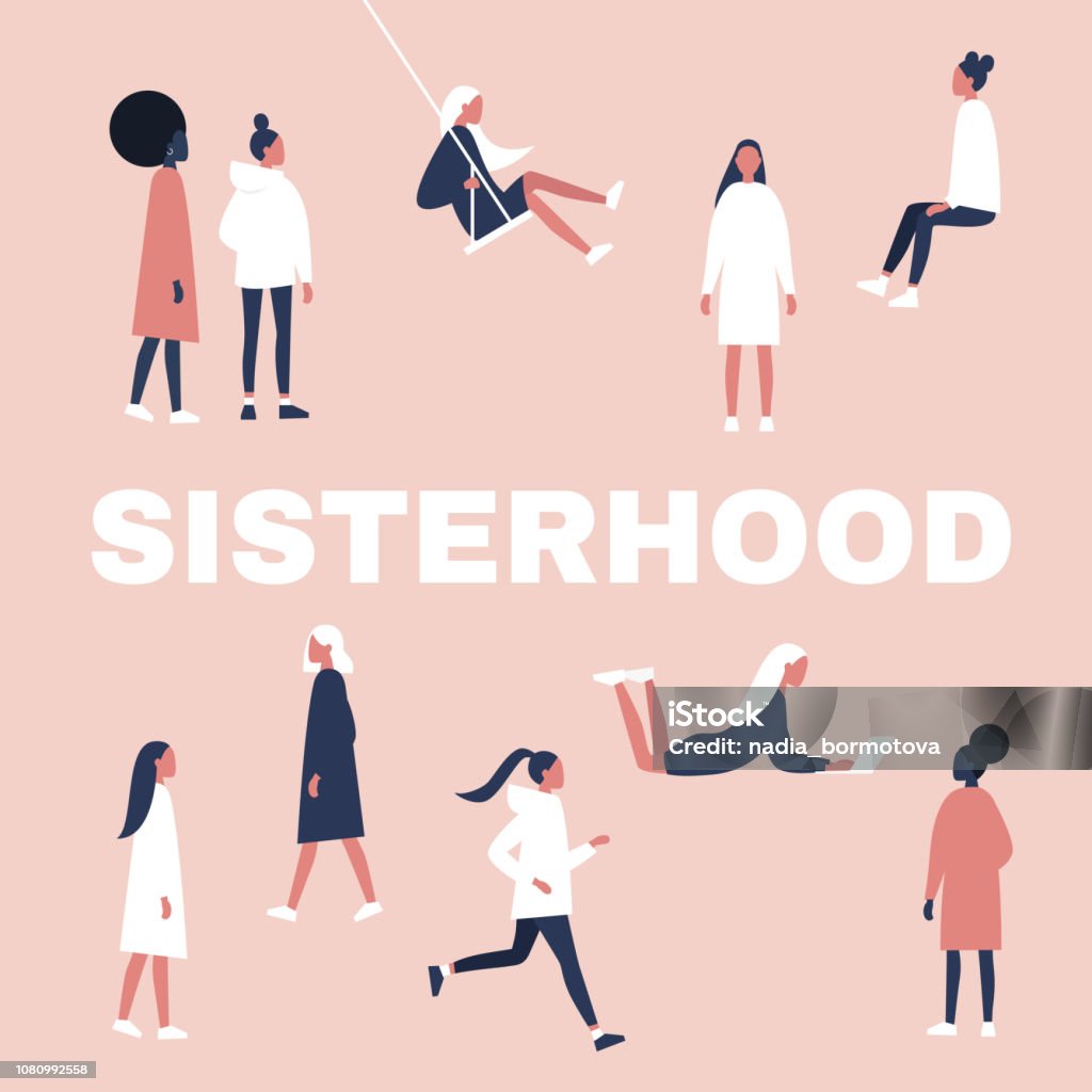 Sisterhood. Woman, girl. Gender equality. Feminism. Set of female characters in different poses. Flat editable vector illustration, clip art. Teenage Girls stock vector