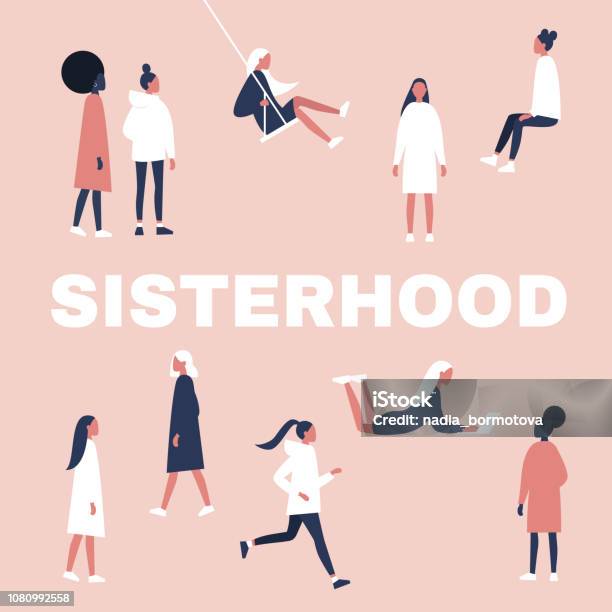Sisterhood Woman Girl Gender Equality Feminism Set Of Female Characters In Different Poses Flat Editable Vector Illustration Clip Art Stock Illustration - Download Image Now