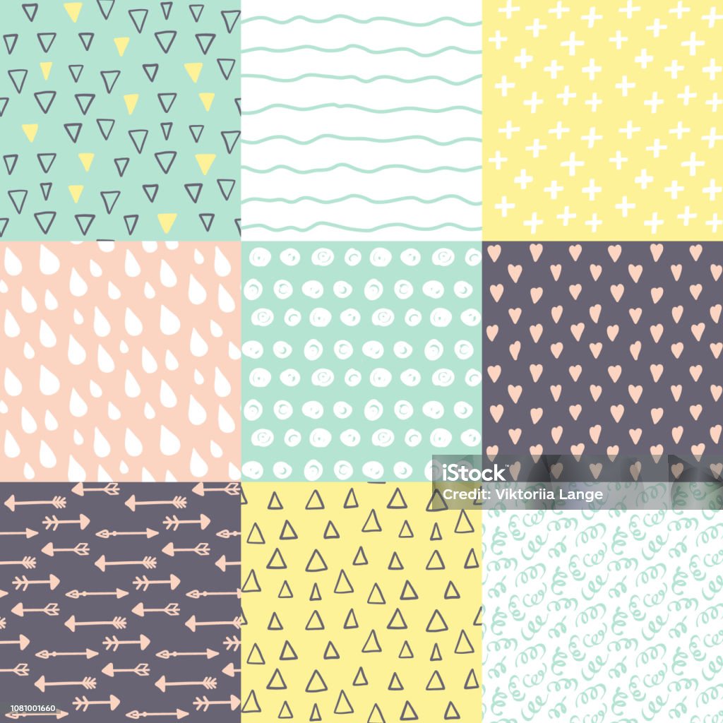 Set With 9 Hand Drawn Doodle Brightly Colors Seamless Patterns Simple  Texture For Background Wallpaper Fabric Or A Wrapping Paper Stock  Illustration - Download Image Now - iStock