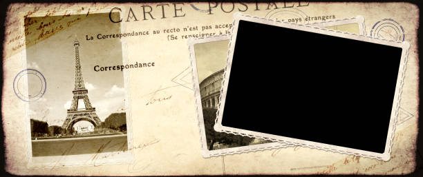 Vintage travel background with retro photos of Eiffel tower in Paris and old photo. Mock up template for retro design. Copy space for your text