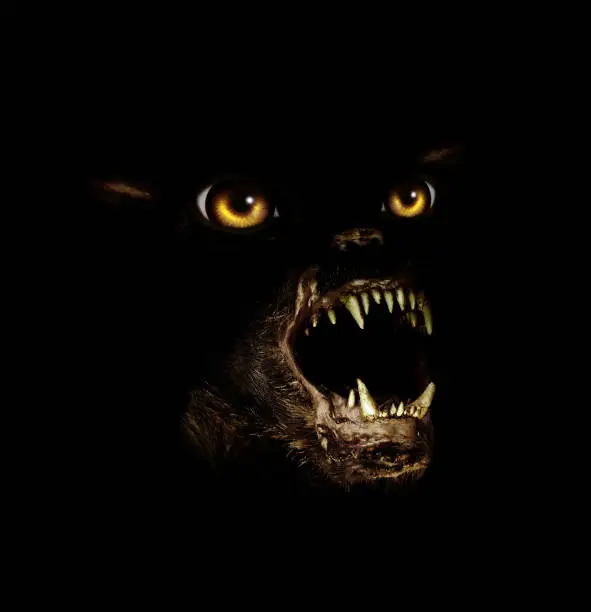 Muzzle of terrible gremlin with grinning mouth and yellow eyes. On black background. 3d render