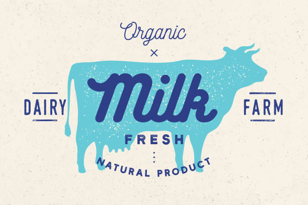 Milk, cow. Logo with cow silhouette, text Milk, Dairy farm, Organic, Natural product. Logo milk cow for dairy and meat business - shop, market. Vintage typography for cow milk. Vector Illustration