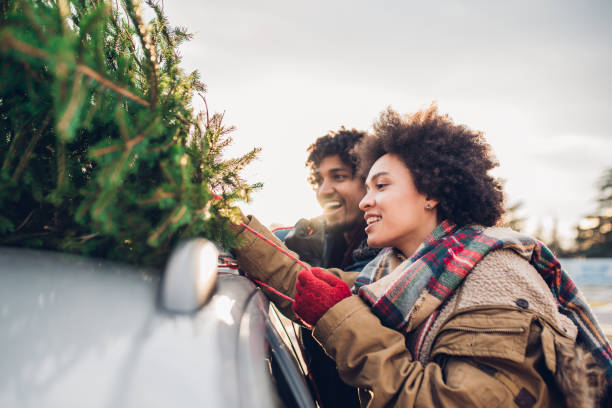 istock Couple touching Christmas tree and smiling 1081011108