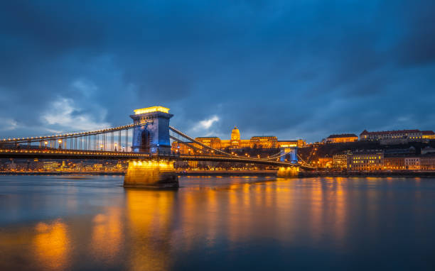 istock Budapest, Hungary - Beautiful Szechenyi Chain Bridge in unique blue colour at blue hour 1081015028