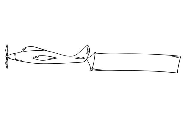 Sketch of the plane with blank advertising flag or banner isolated on white background.