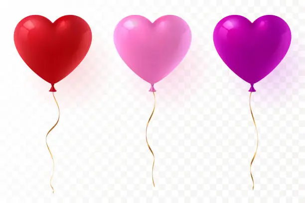 Vector illustration of Vector heart shaped balloons set isolated on transparent background. Red, pink and purple glossy balloon with gold ribbon. Festive decoration element for Valentine's Day or Wedding. Eps 10.