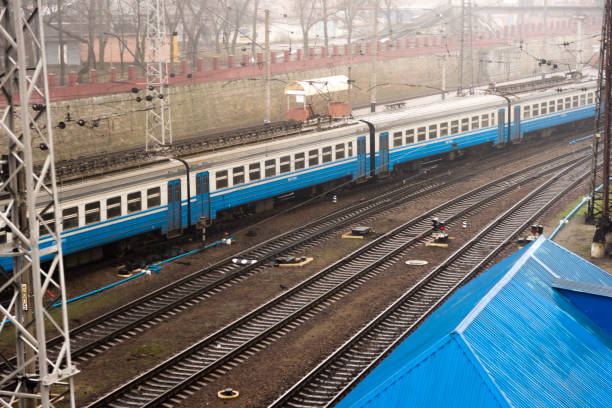 Kharkiv, Ukraine - December 31, 2017 Railroads at Kharkiv in foggy day.