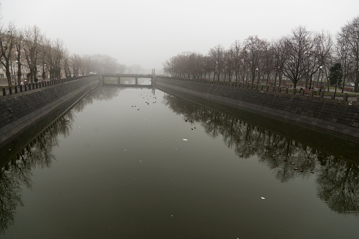 Kharkiv, Ukraine - December 31, 2017 Kharkiv river on a foggy day in winter.