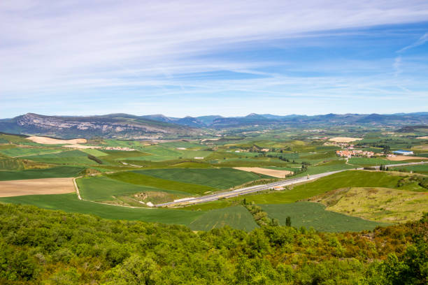 El Perdon mountain range green view over the Pamplona basin on a May day, in Navarre, Spain