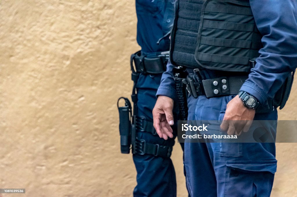 Male police and guards, in uniform, wearing bulletproof vest, Guanajuato, Mexico Mexico Stock Photo