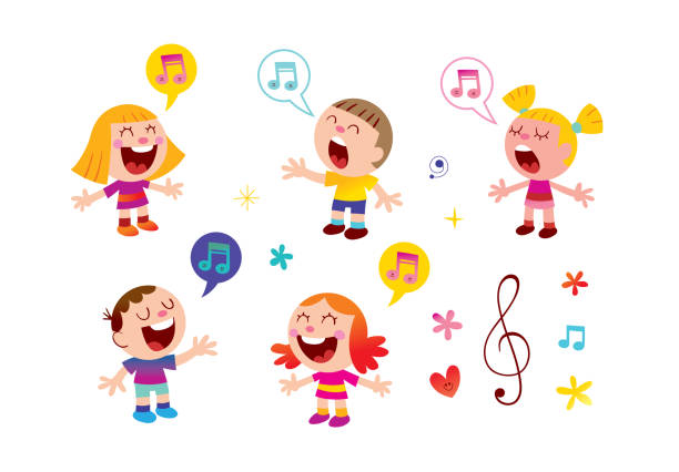 gruppe von kindern singen - sheet music music classroom education stock-grafiken, -clipart, -cartoons und -symbole