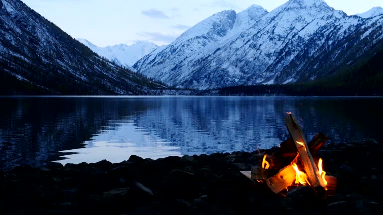 Camp Fire Mountain Lake Coast at Twilight Seamless Loop