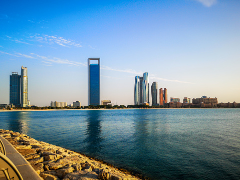 Beautiful view of Abu Dhabi city famous  towers, buildings and beach (Etihad towers) - Abu Dhabi, UAE - November 24, 2018