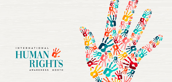 International Human Rights day illustration for global equality and peace with colorful people hand prints, social diversity concept.