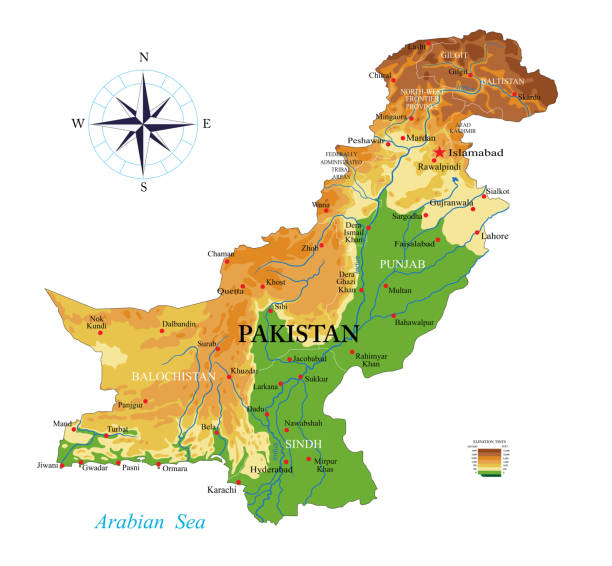 Pakistan physical map Highly detailed physical map of the Pakistan,in vector format,with all the relief forms,regions and big cities. hyderabad pakistan stock illustrations