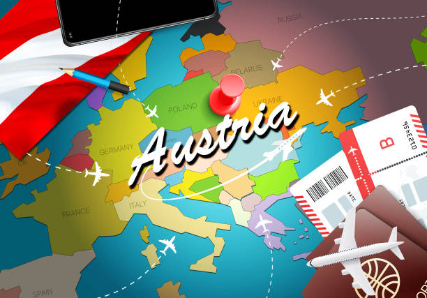 ilustrações de stock, clip art, desenhos animados e ícones de austria travel concept map background with planes, tickets. visit austria travel and tourism destination concept. austria flag on map. planes and flights to austrian holidays to vienna,salzburg"n - austria vienna map horizontal