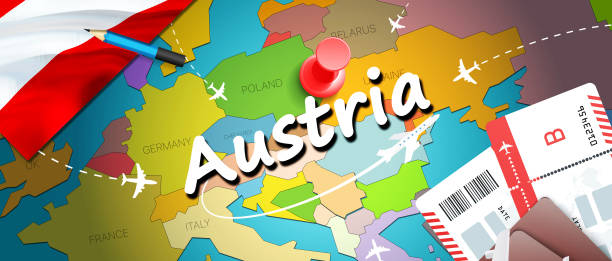 ilustrações de stock, clip art, desenhos animados e ícones de austria travel concept map background with planes, tickets. visit austria travel and tourism destination concept. austria flag on map. planes and flights to austrian holidays to vienna,salzburg"n - austria vienna map horizontal