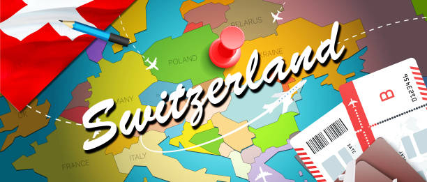 ilustrações de stock, clip art, desenhos animados e ícones de switzerland travel concept map background with planes,tickets. visit switzerland travel and tourism destination concept. switzerland flag on map. planes and flights to swiss holidays to zurich,geneva"n - map switzerland swiss culture zurich