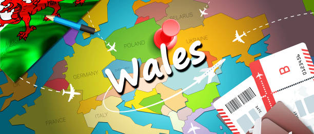 ウェールズ旅行コンセプトマップの背景と飛行機、チケット。ウェールズの旅行や観光地のコンセプトをご覧ください。地図上のウェールズの旗。カーディフ、スウォンジーへのウェールズ� - wales cardiff map welsh flag点のイラスト素材／クリップアート素材／マンガ素材／アイコン素材